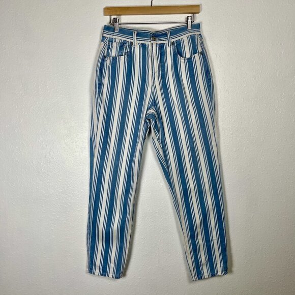 American Eagle Outfitters Pants - American Eagle Size: 8 Blue and White Vertical Striped Denim Mom Jean